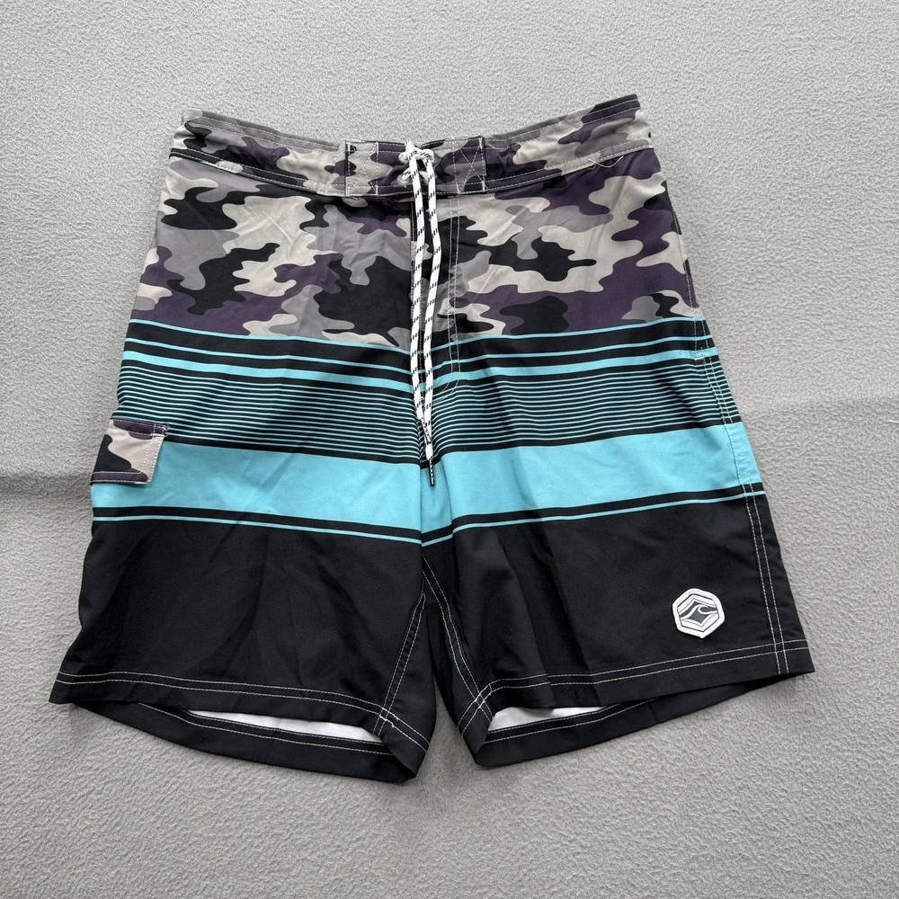 Spicy Tuna Swim Shorts Mens Medium Black Camo‎ Stripe Trunks Mesh UnLined Beach